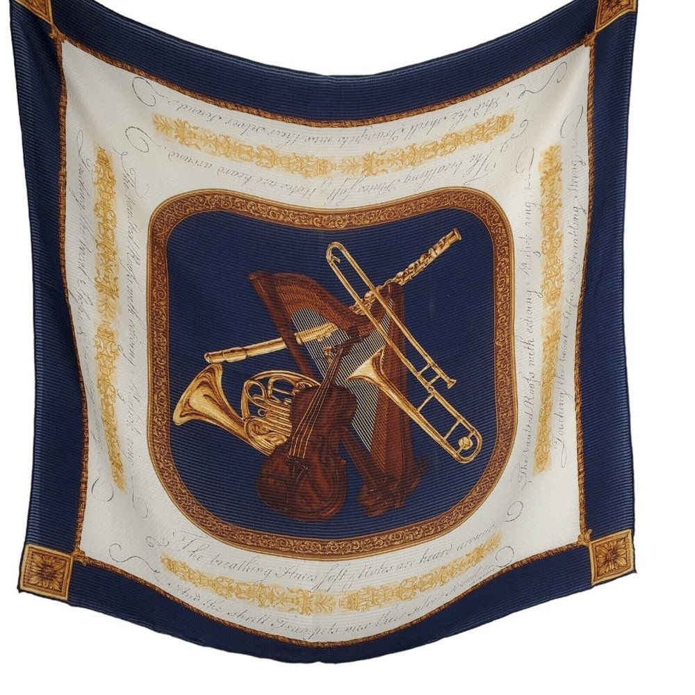 Vintage Liz Claiborne Silk Scarf Musical Instruments Print Navy Blue 30" Square